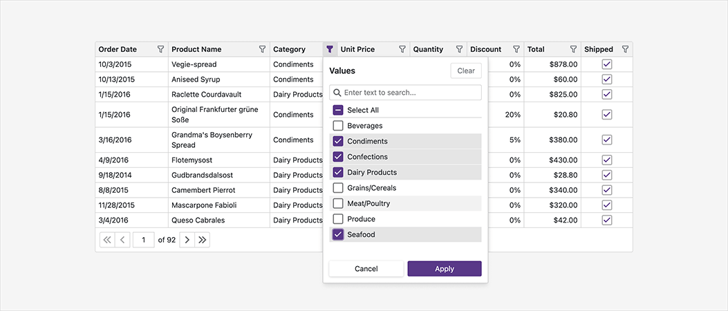 Column Header Filter - Blazor Grid, DevExpress