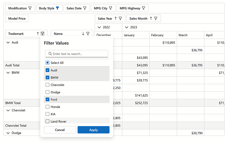 Blazor Pivot Table - Data Filters, DevExpress