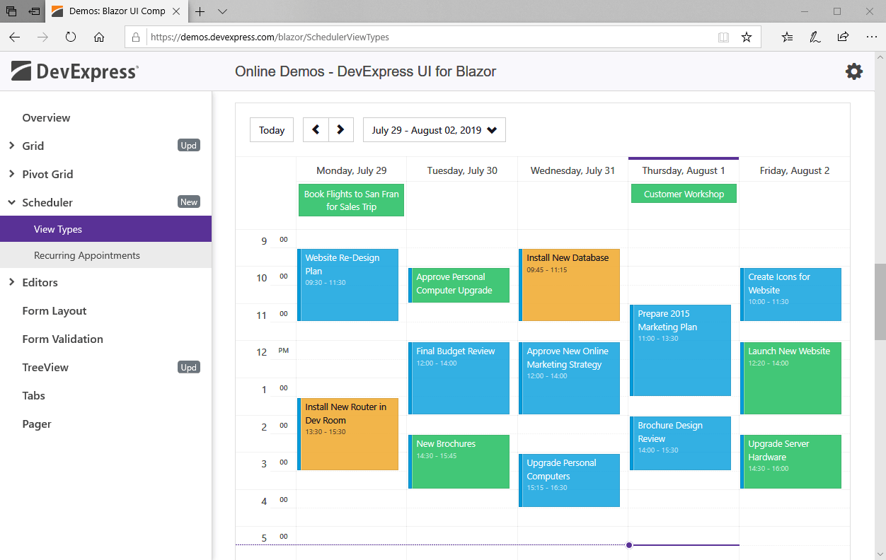 Blazor Scheduler UI Component - Week View, DevExpress