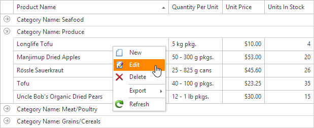 DevExpress ASP.NET GridView Control - Context Menu