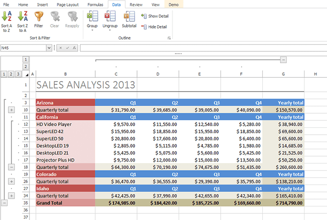 DevExpress WinForms Spreadsheet Control - Grouping and Outline