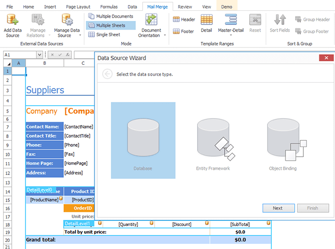 DevExpress WinForms Spreadsheet Control - Mail Merge Data Source Wizard