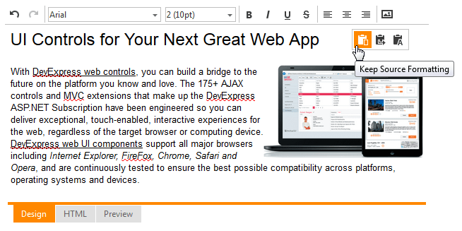 DevExpress ASP.NET HTML Editor - Paste Formatting