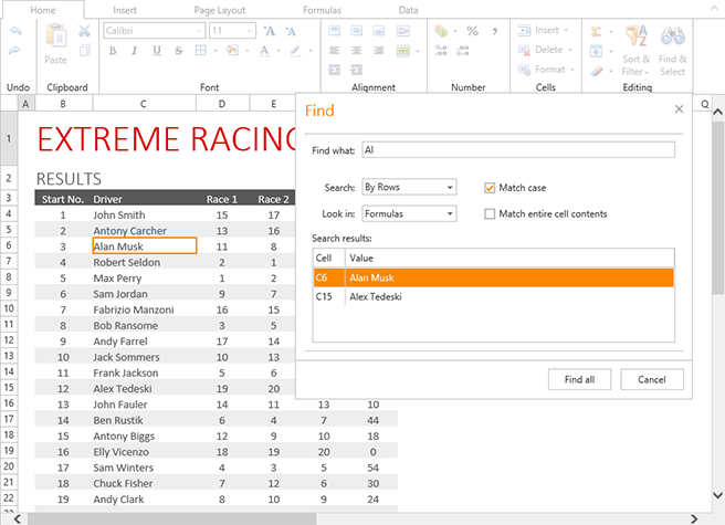 DevExpress ASP.NET Spreadsheet Control - Text Search