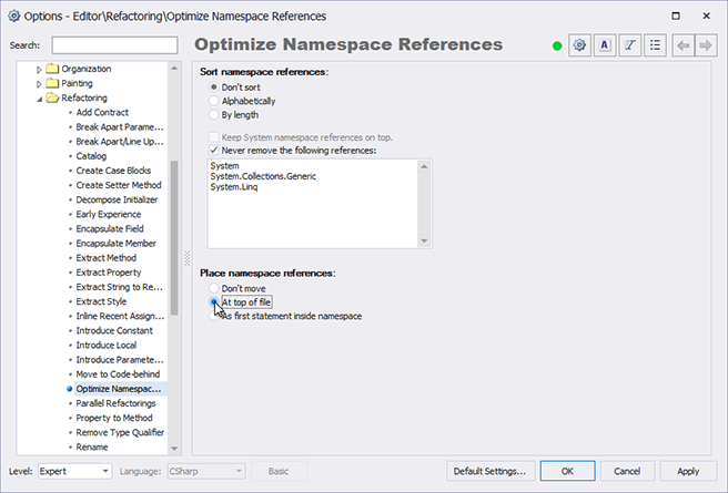 CodeRush Optimize Usings Options