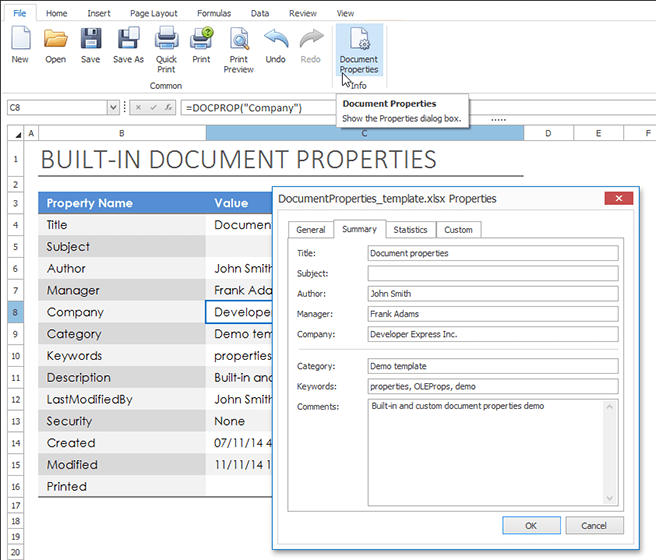 DevExpress WinForms Spreadsheet Control - Document Properties