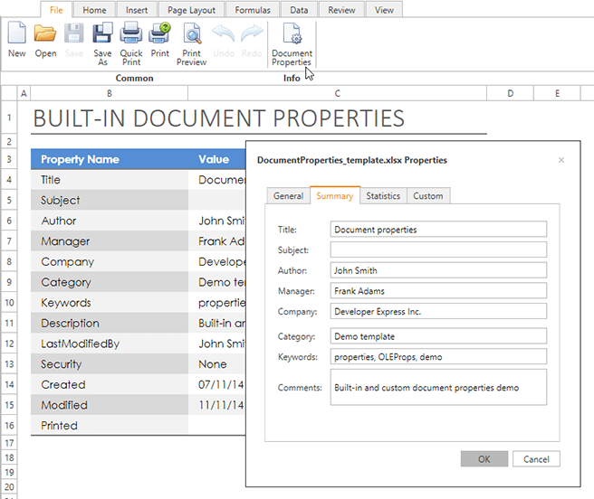 DevExpress WPF Spreadsheet Control - Document Properties