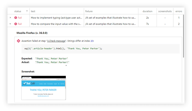 DevExpress TestCafe Fail Report Assertion