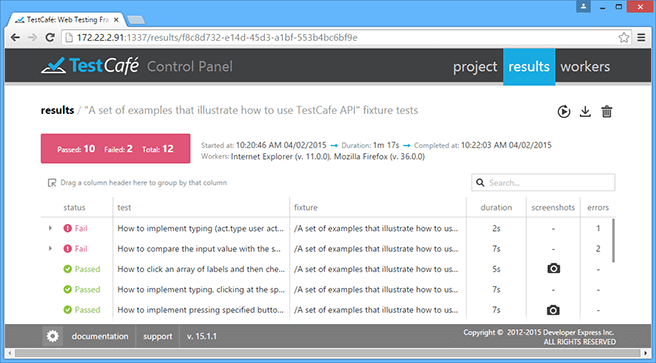 DevExpress TestCafe Results Grid View