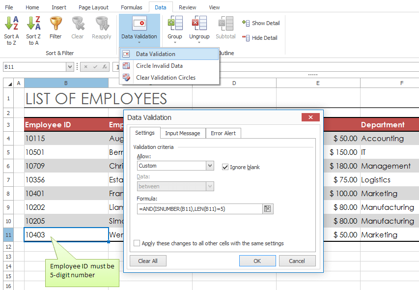 DevExpress WinForms Spreadsheet - Data Validation