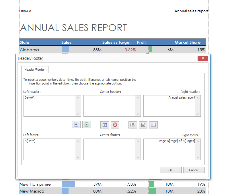 DevExpress WinForms Spreadsheet - Header and Footer