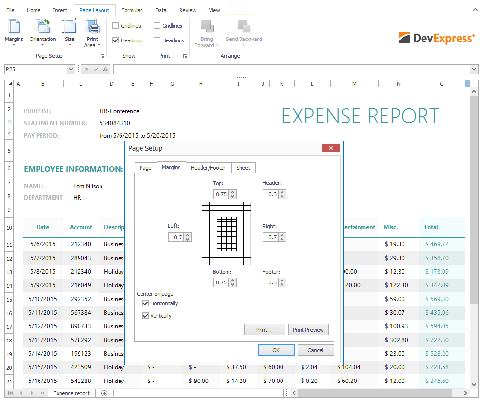 DevExpress WinForms Spreadsheet - New Page Setup Dialog