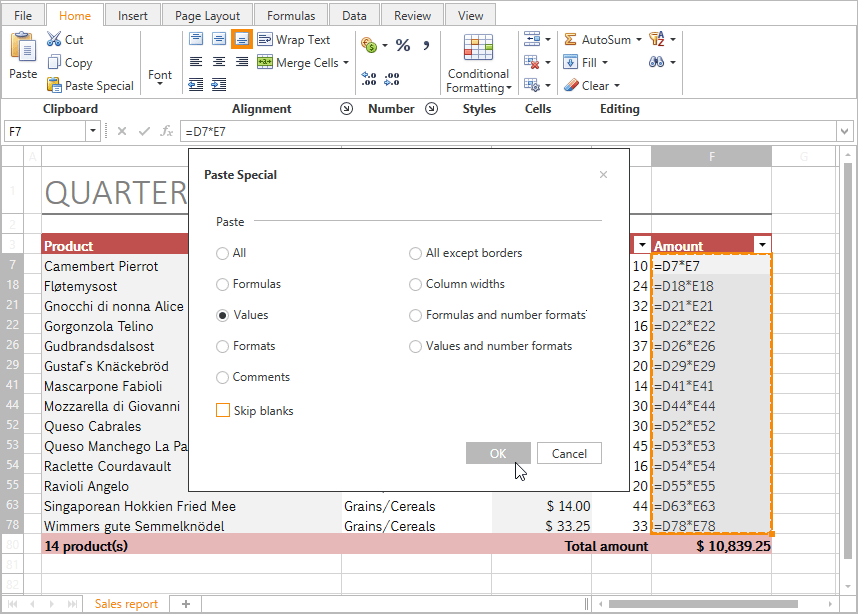 DevExpress WinForms Spreadsheet - Cut, Copy and Paste Operations