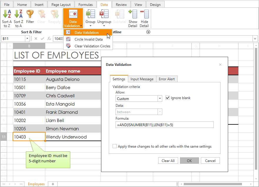 DevExpress WinForms Spreadsheet - Data Validation