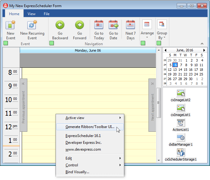 Ribbon UI Generated at Design Time, VCL Scheduler Control | DevExpress