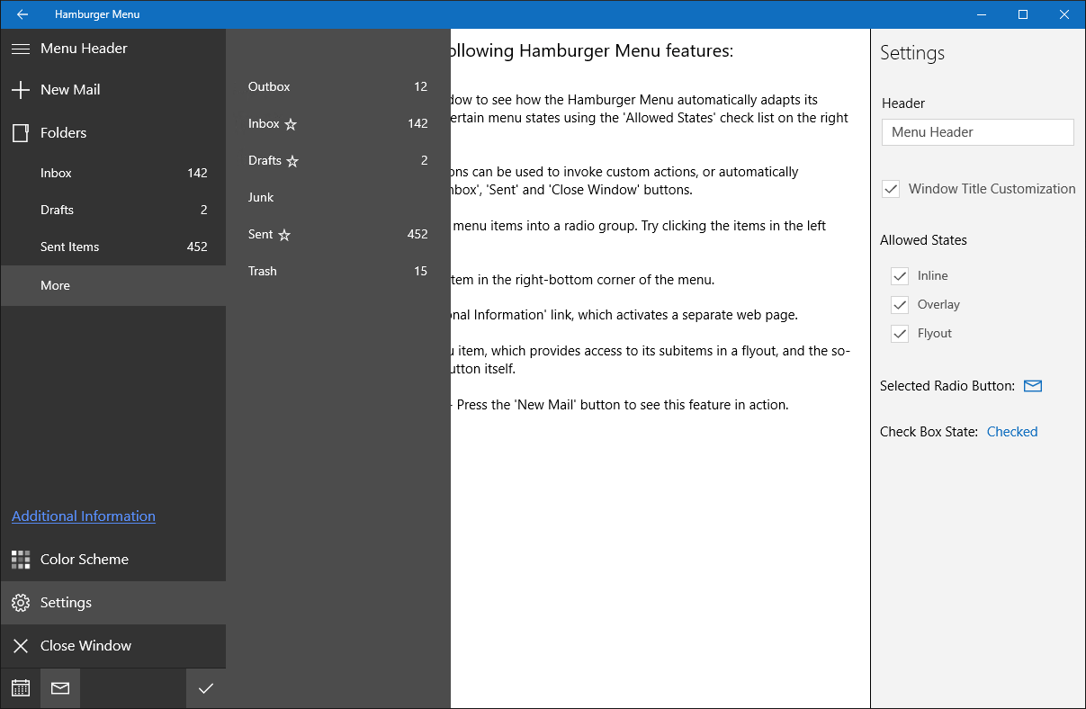 Windows 10 Apps Hamburger Submenu