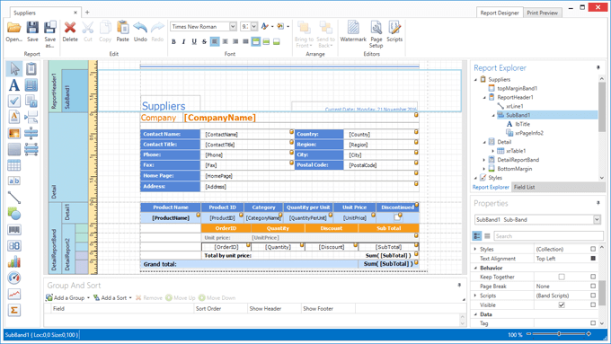 DevExpress WPF Report Designer - SubBands