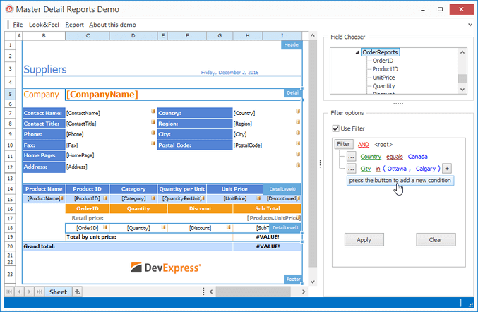 Report Designer - TcxFilterControl Support, VCL Spreadsheet Control | DevExpress