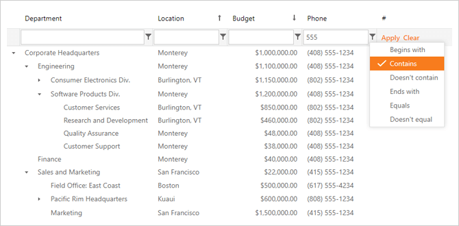 ASP.NET TreeList Control - Data Filtering | DevExpress