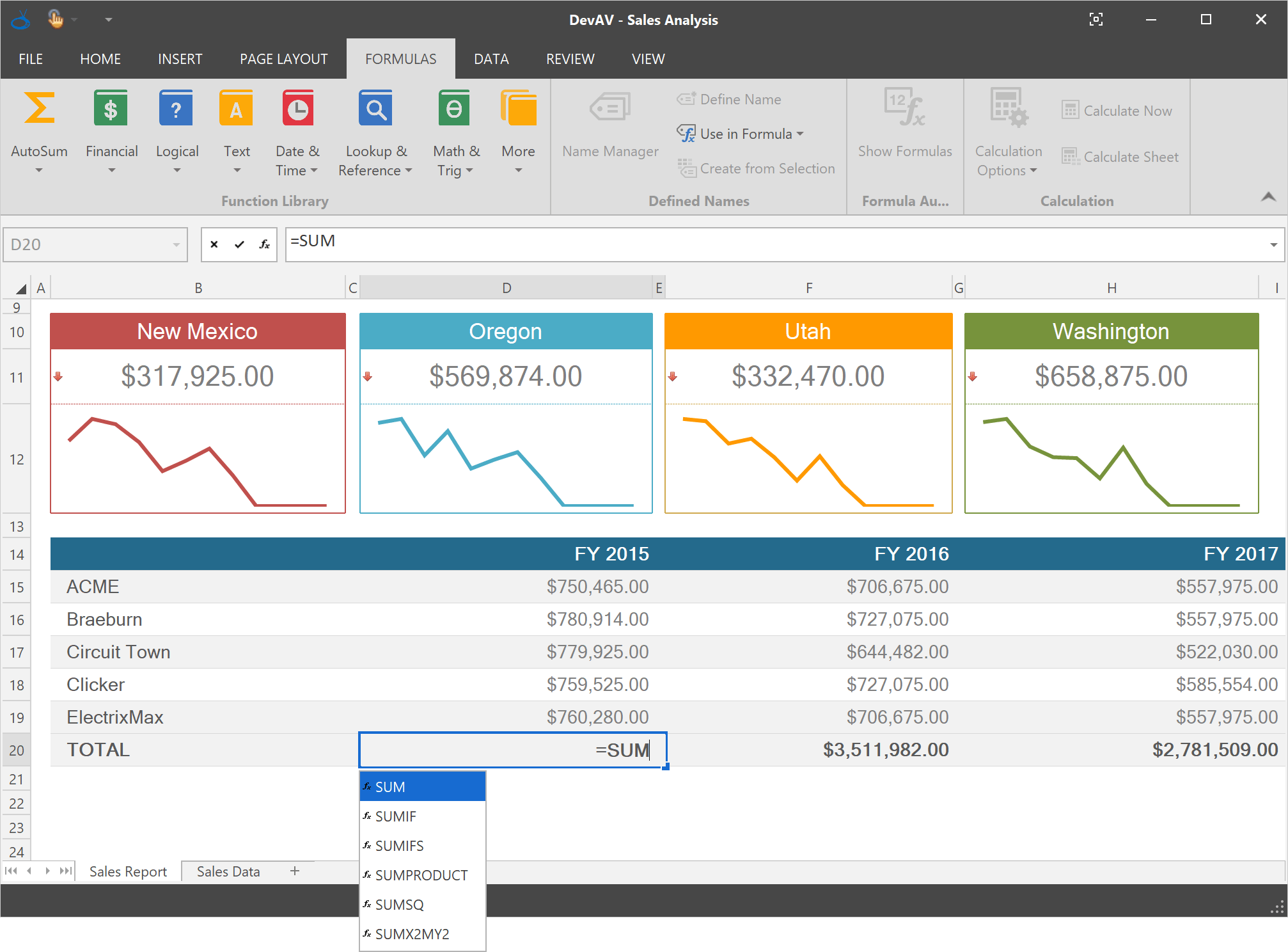 WinForms Spreadsheet Control - Formula AutoComplete | DevExpress