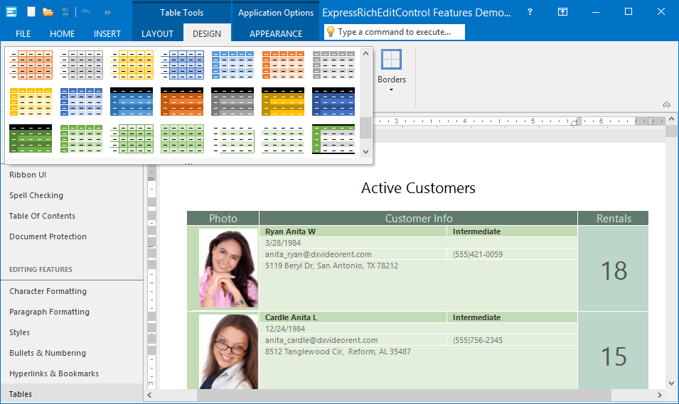 VCL Rich Edit Control - Table Style Gallery, DevExpress