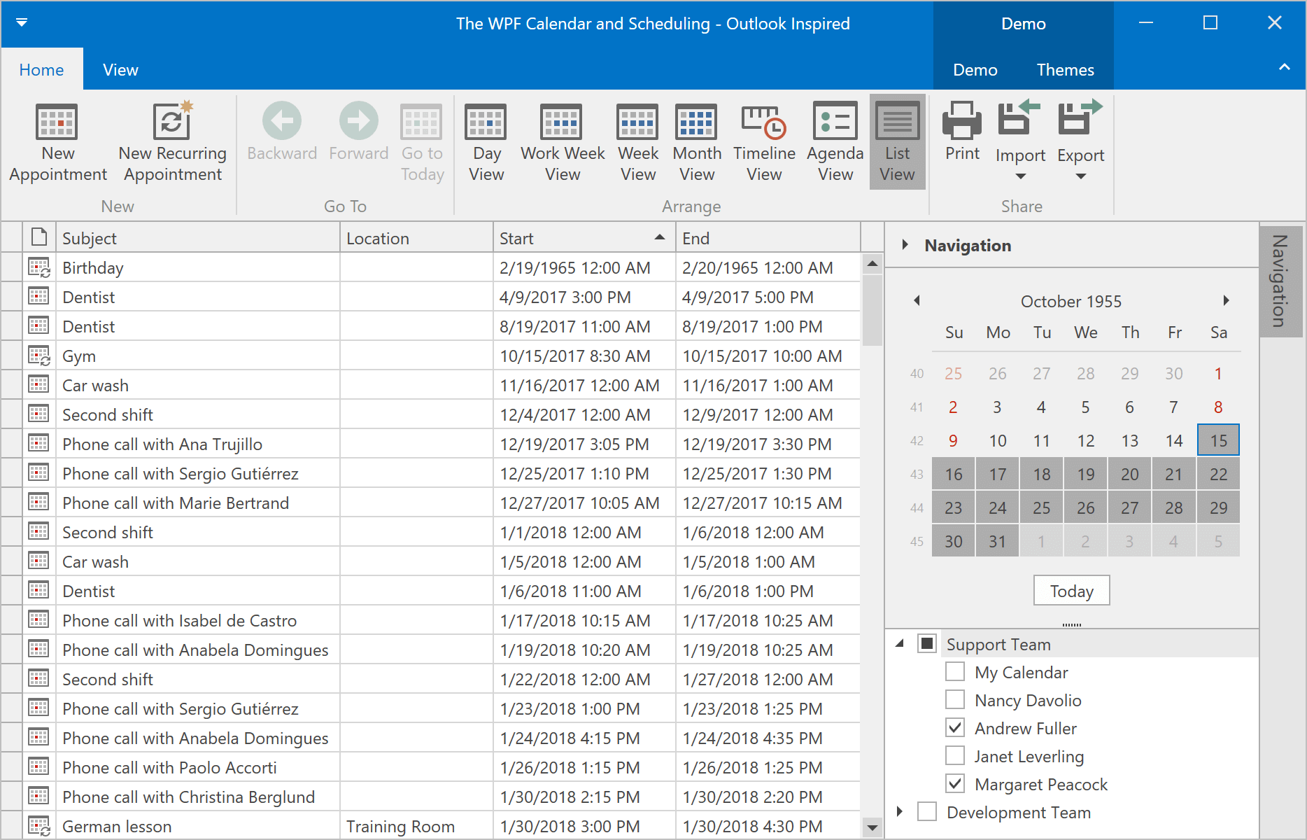 List View - WPF Scheduler, DevExpress