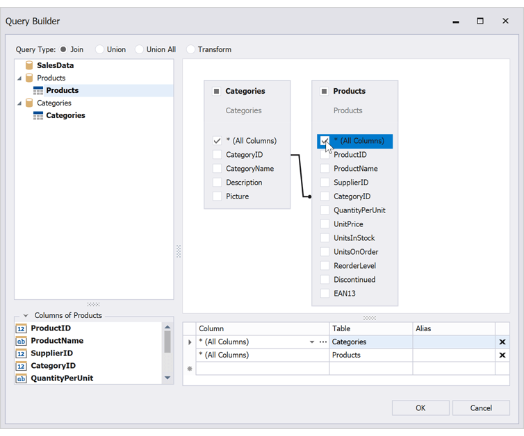 Data Federation Data Source Wizard: Select All Columns - .NET Reports | DevExpress