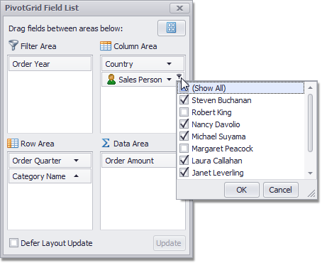 WinForms Pivot Table - Filtering and Sorting in the Customization Form