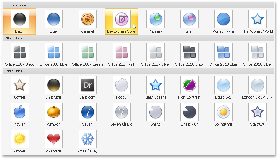 Choose Skins via Dropdown Gallery - WinForms XtraBars Library by DevExpress
