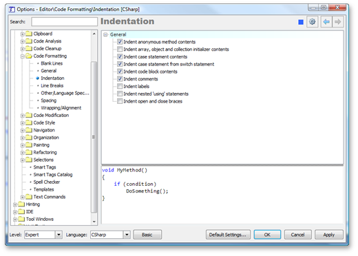 Code Formatting options - CodeRush by DevExpress