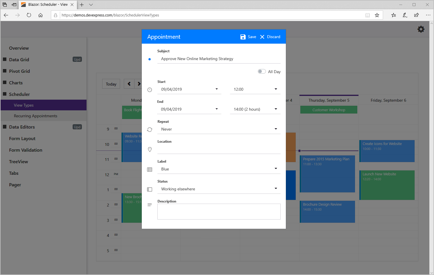 Blazor Scheduler UI Component - Appointment Management, DevExpress