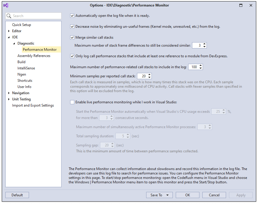 Performance Monitor Options - CodeRush | DevExpress