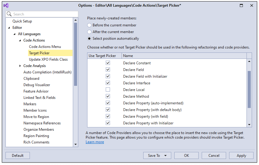 Target Picker Options - CodeRush | DevExpress