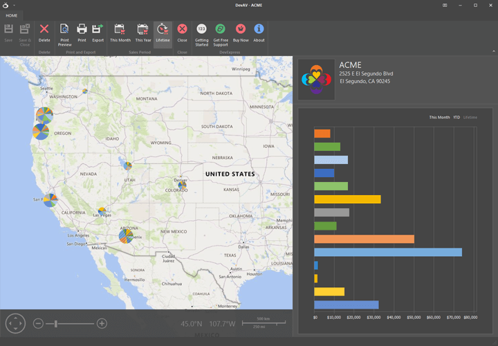 Sales Map - Office Inspired Application, WinForms Map Control | DevExpress