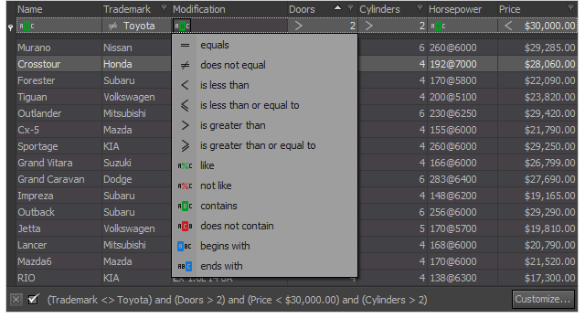 Auto Filter Row