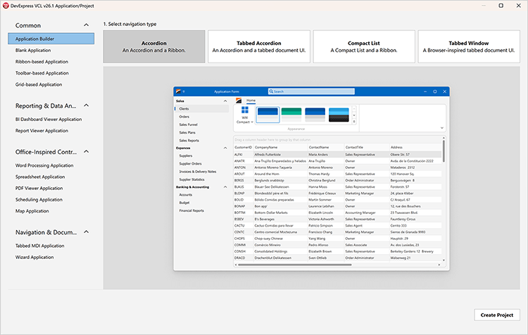 Predefined VCL Project and Form Templates, DevExpress