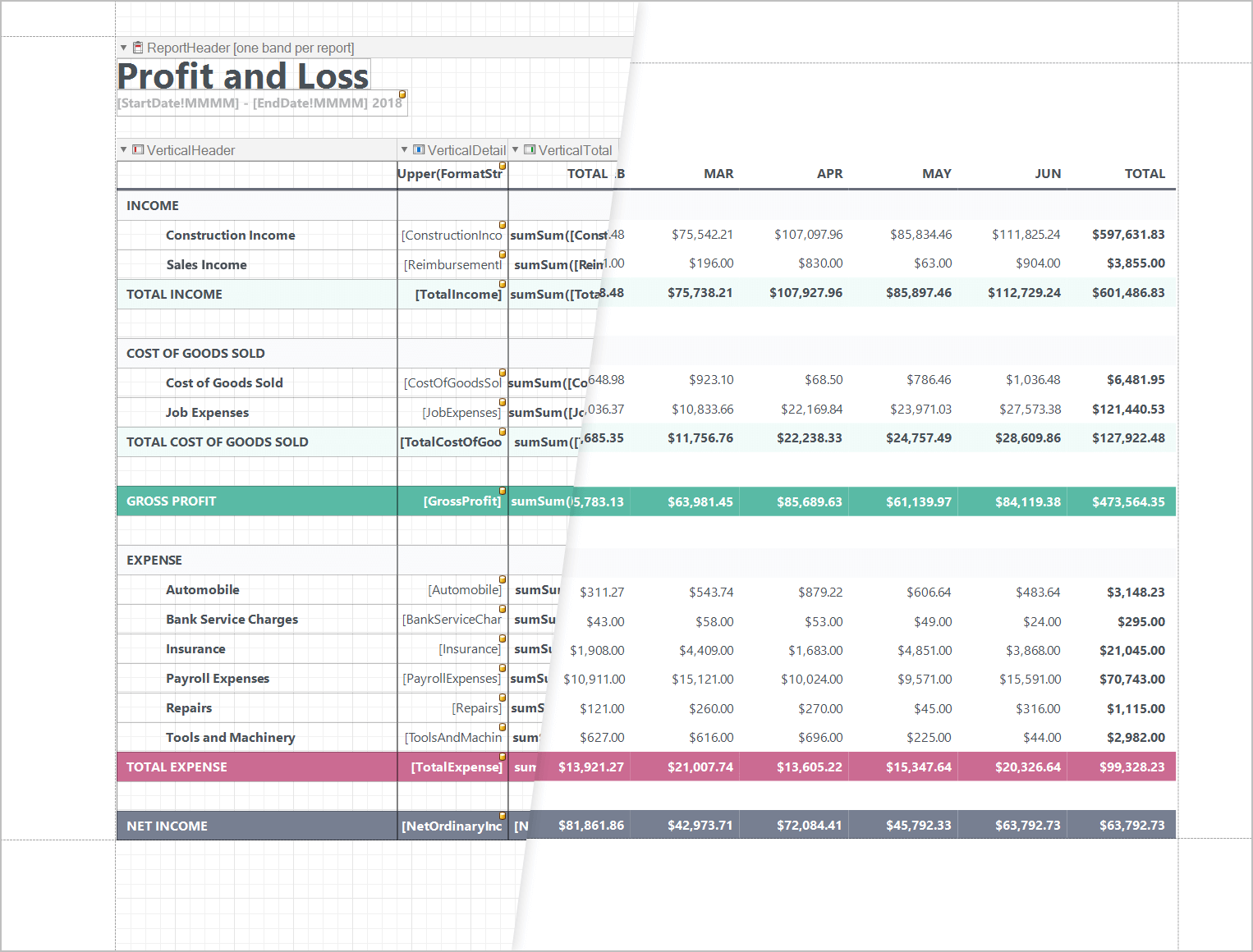 Report Designer - Vertical Bands, DevExpress