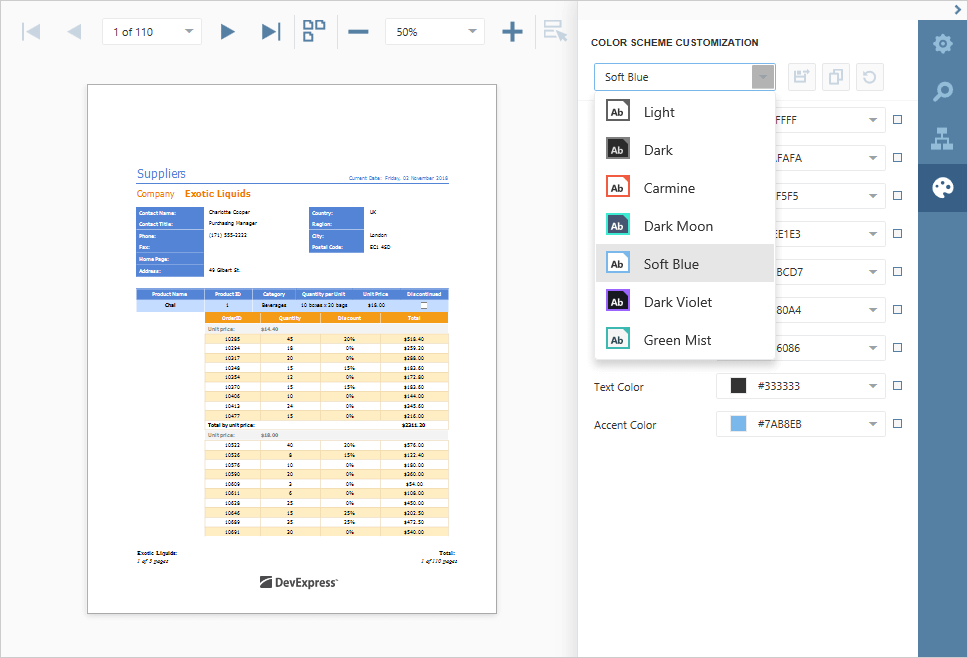 New Color Schemes - .NET Web Reporting, DevExpress