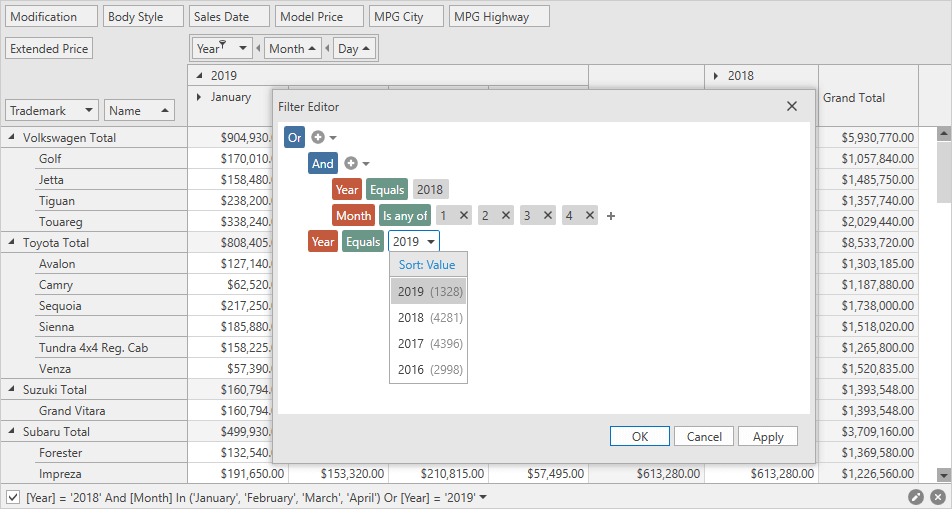 Filter Editor - WPF Pivot Grid, DevExpress