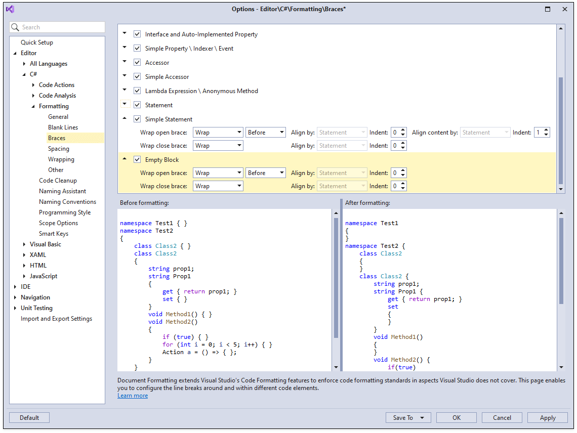 Brace Formatting Options for Simple Statements and Empty Code Blocks - CodeRush | DevExpress