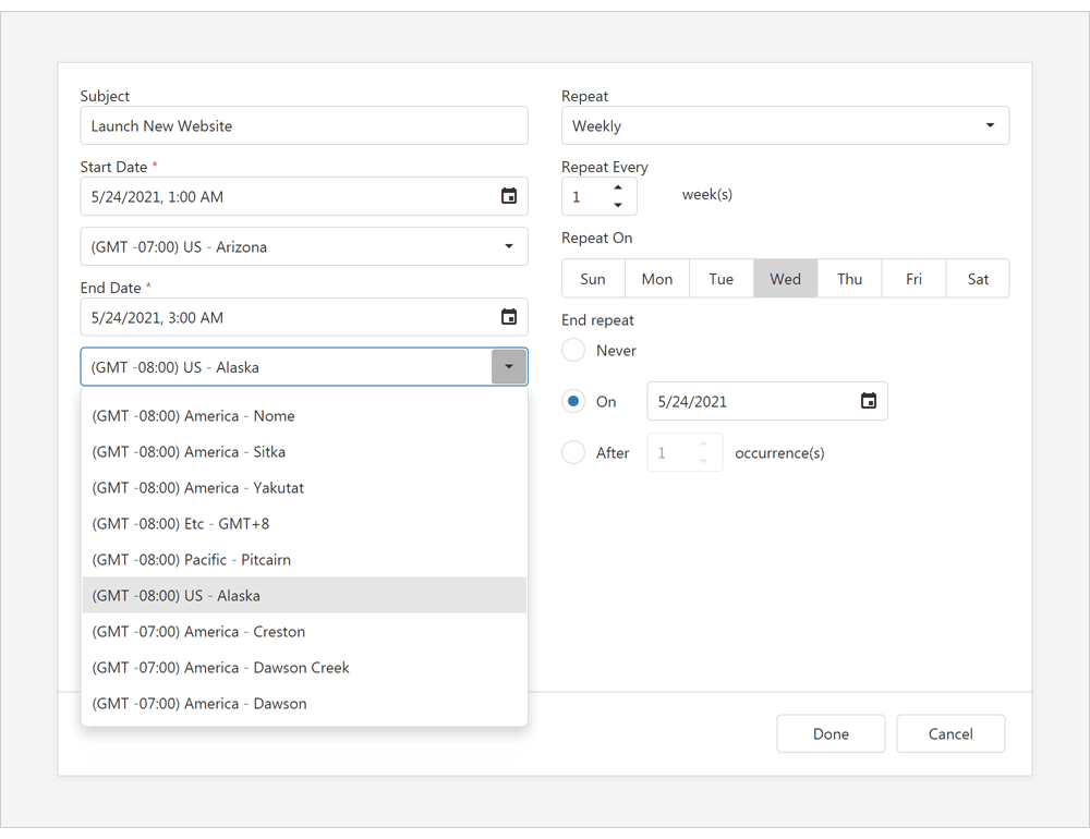 TimeZone Editor - ASP.NET Core Scheduler | DevExpress