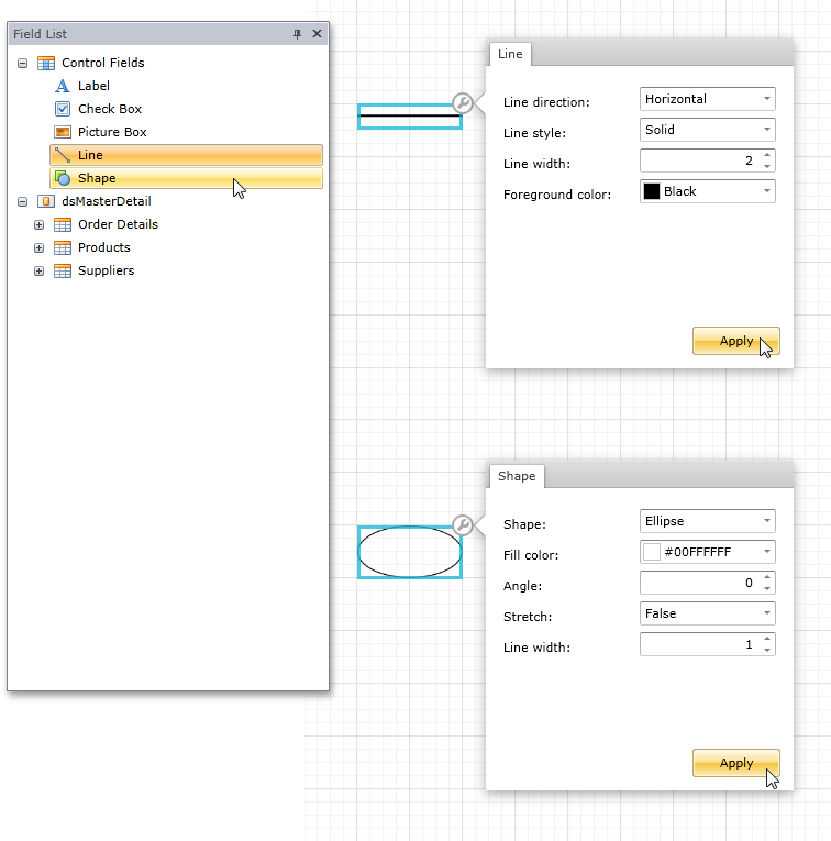 The Line and Shape controls in the Silverlight Report Designer