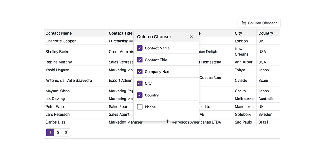 Column Chooser Window - Blazor Grid, DevExpress