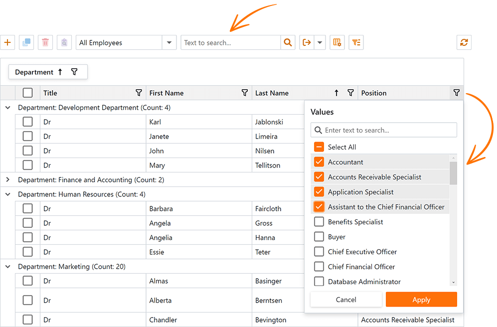 Find Panel and Column Header Filters - XAF Blazor, DevExpress