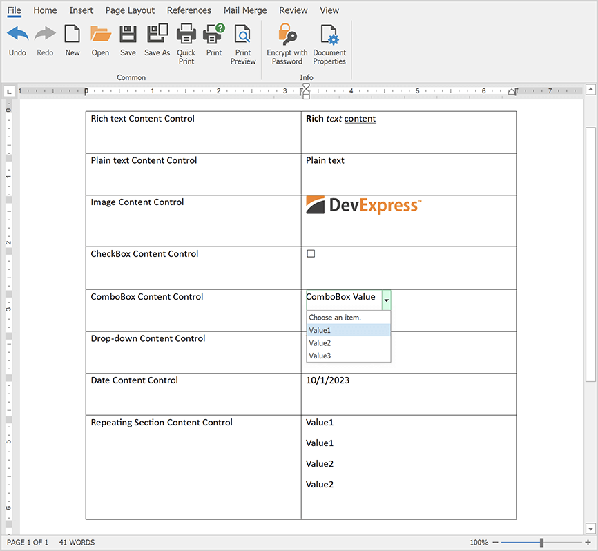 Content Controls - WinForms Rich Text Editor, DevExpress