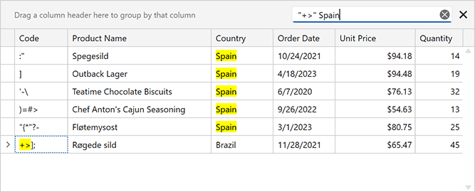 Search Panel — Highlight Special Symbols, WPF Data Grid