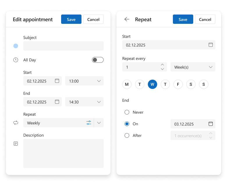 DevExtreme Scheduler appointment edit form, v25.2