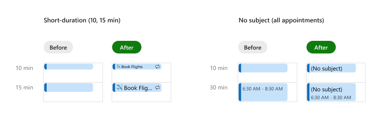 DevExtreme Scheduler Timeline Appointment Update, before and after, short and long duration appointments.