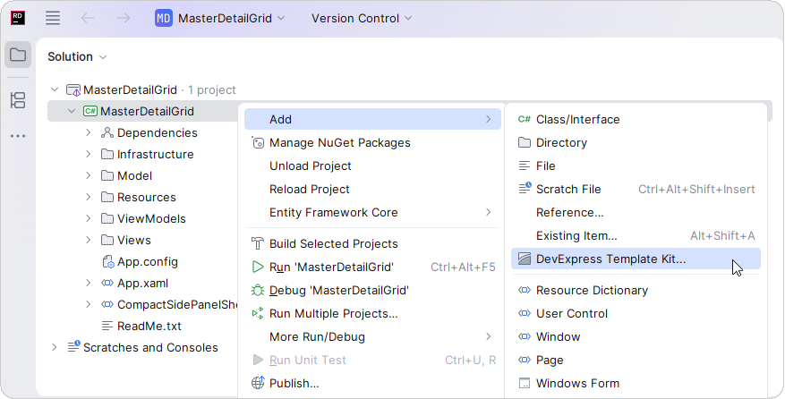 Rider Support for DevExpress Items, Template Kit