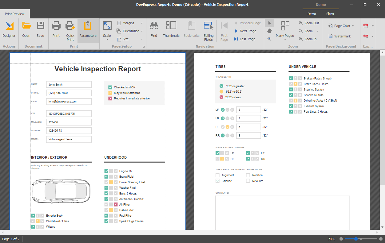 Vehicle Inspection Report - .NET Reporting Tools | DevExpress